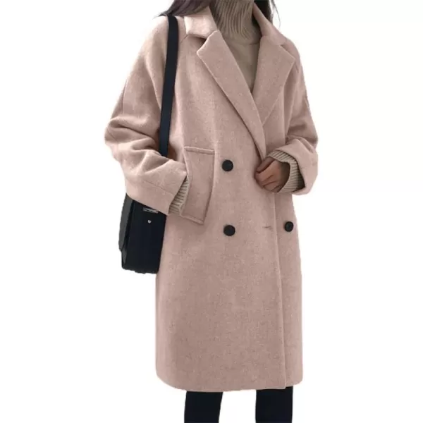 chouyatou Womens Casual Notch Lapel Double Breasted Warm Pea Coat OvercoatPink