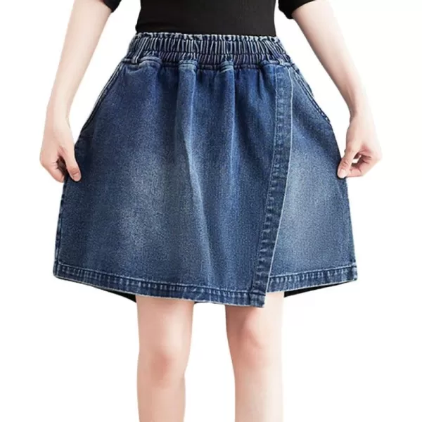 chouyatou Womens Cute Wide Leg Denim Skirt Shorts Elastic Waist A Line Jean Skorts with PocketsDark Blue