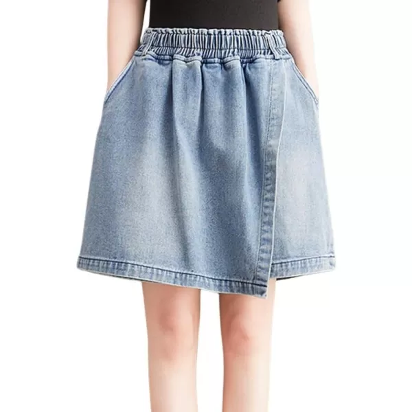 chouyatou Womens Cute Wide Leg Denim Skirt Shorts Elastic Waist A Line Jean Skorts with PocketsLight Blue