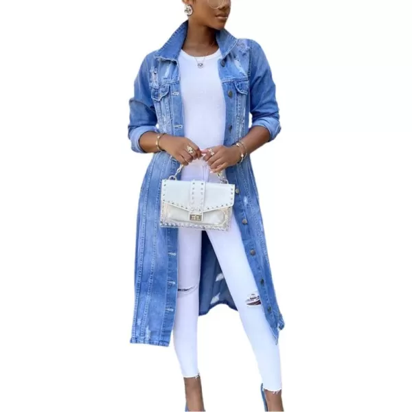chouyatou Womens Distressed Hole Over Knee Midi Long Denim Jacket Trench CoatBlue