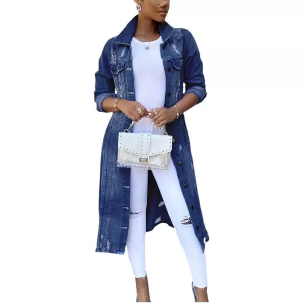 chouyatou Womens Distressed Hole Over Knee Midi Long Denim Jacket Trench CoatDark Blue