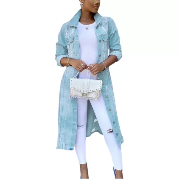 chouyatou Womens Distressed Hole Over Knee Midi Long Denim Jacket Trench CoatLight Blue