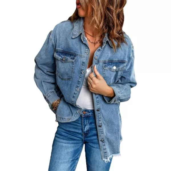chouyatou Womens Distressed Oversize Frayed Hem Trucker Denim Jean Jacket Shirt ShacketBlue
