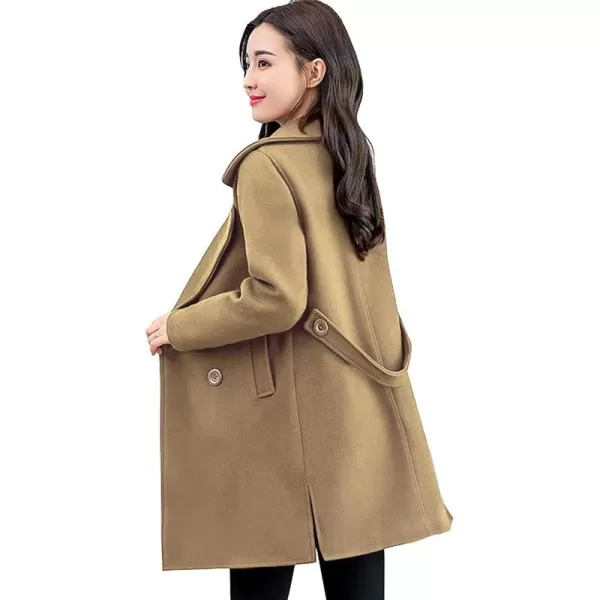 chouyatou Womens Elegant Lapel Collar Double Breasted Wool Blend Pea Coat with BeltCamel