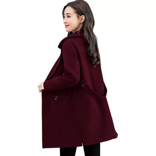 chouyatou Womens Elegant Lapel Collar Double Breasted Wool Blend Pea Coat with BeltWine Red