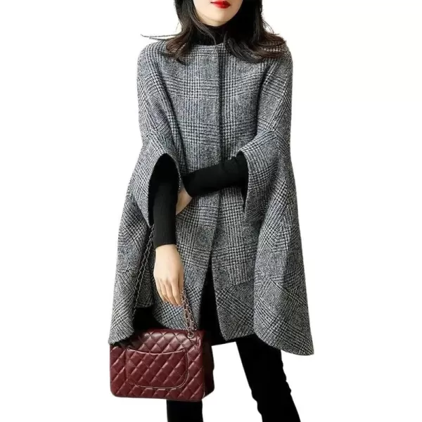chouyatou Womens Elegant Plaid Poncho Single Breasted Winter Casual Wool Blend Cape Cloak CoatGrey