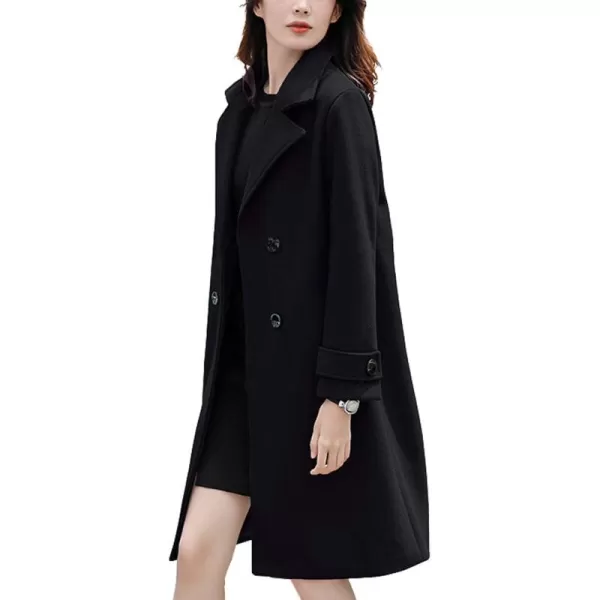 chouyatou Womens Essential Elegant Wear Double Breasted Mid Long Wool Pea CoatBlack