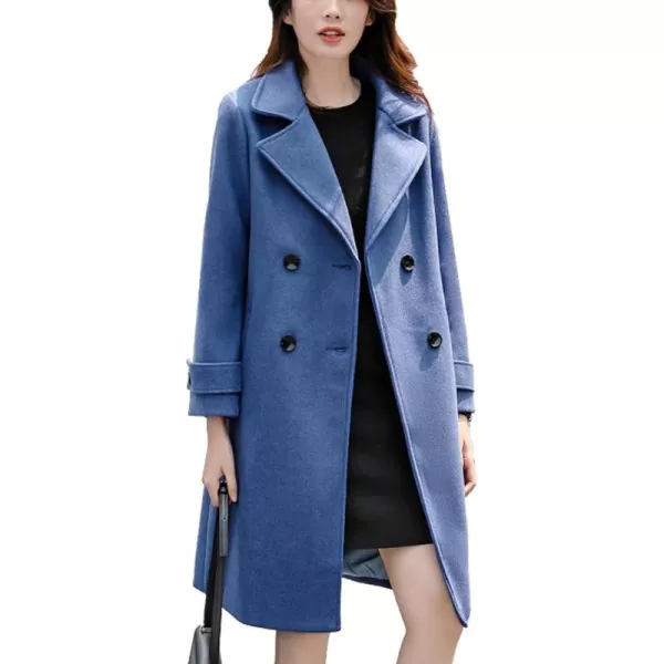 chouyatou Womens Essential Elegant Wear Double Breasted Mid Long Wool Pea CoatBlue