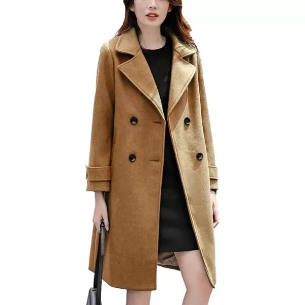 chouyatou Womens Essential Elegant Wear Double Breasted Mid Long Wool Pea CoatCamel