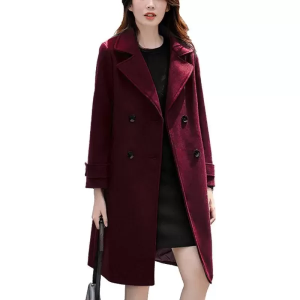 chouyatou Womens Essential Elegant Wear Double Breasted Mid Long Wool Pea CoatWine Red