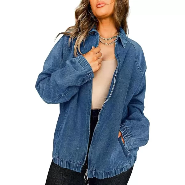 chouyatou Womens Fall Casual Zip Up Oversized Denim Jacket Boyfriend Jean Bomber Jacket CoatDark Blue
