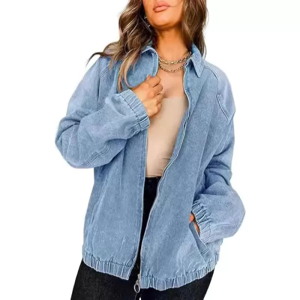 chouyatou Womens Fall Casual Zip Up Oversized Denim Jacket Boyfriend Jean Bomber Jacket CoatLight Blue