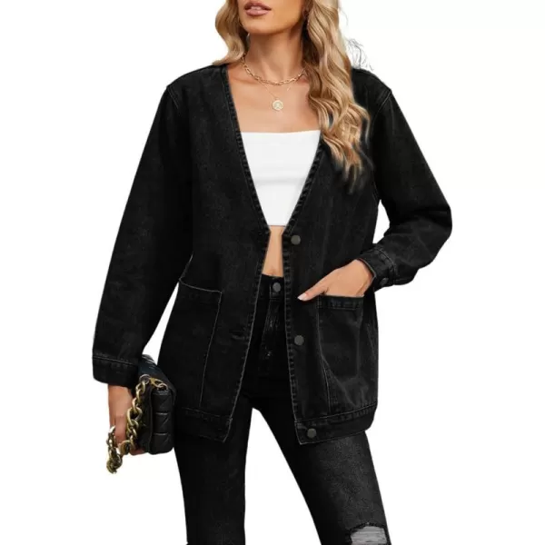 chouyatou Womens Fall VNeck Button Down Denim Jacket Boyfriend Oversized Casual Jean Jacket CardiganBlack