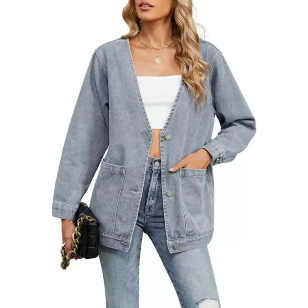 chouyatou Womens Fall VNeck Button Down Denim Jacket Boyfriend Oversized Casual Jean Jacket CardiganLight Blue
