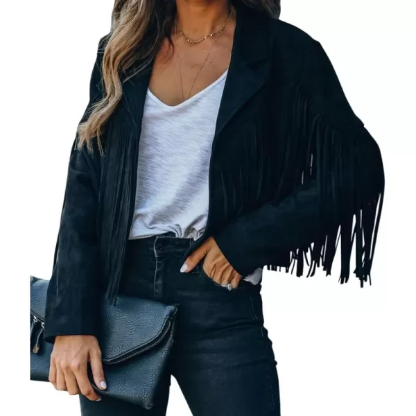 chouyatou Womens Fashion Notched Collar OpenFront Fringed Performance Moto Faux Suede Leather Crop Jacket CoatBlack