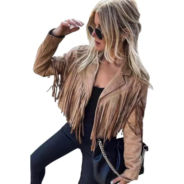 chouyatou Womens Fashion Notched Collar OpenFront Fringed Performance Moto Faux Suede Leather Crop Jacket CoatCamel