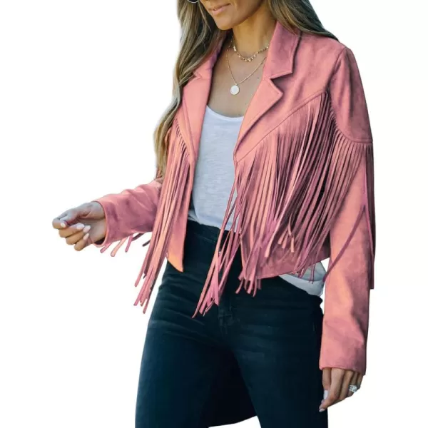 chouyatou Womens Fashion Notched Collar OpenFront Fringed Performance Moto Faux Suede Leather Crop Jacket CoatPink