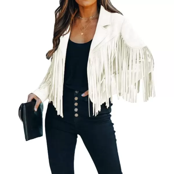 chouyatou Womens Fashion Notched Collar OpenFront Fringed Performance Moto Faux Suede Leather Crop Jacket CoatWhite