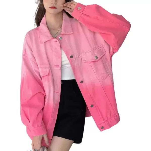 chouyatou Womens Gradient Tie Dye Denim Jacket Distressed Frayed Button Down Jean Shirt Trucker JacketPink