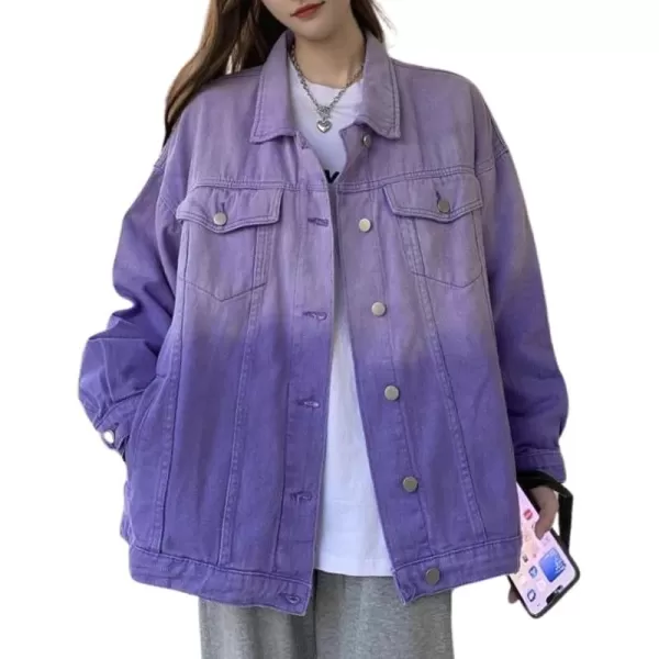 chouyatou Womens Gradient Tie Dye Denim Jacket Distressed Frayed Button Down Jean Shirt Trucker JacketPurple