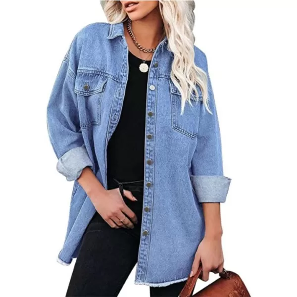 chouyatou Womens Oversized Denim Shacket Jacket Boyfriend Button Down Frayed Jean JacketBlue