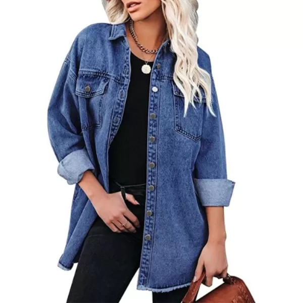 chouyatou Womens Oversized Denim Shacket Jacket Boyfriend Button Down Frayed Jean JacketDark Blue