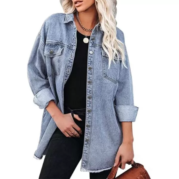 chouyatou Womens Oversized Denim Shacket Jacket Boyfriend Button Down Frayed Jean JacketLight Blue