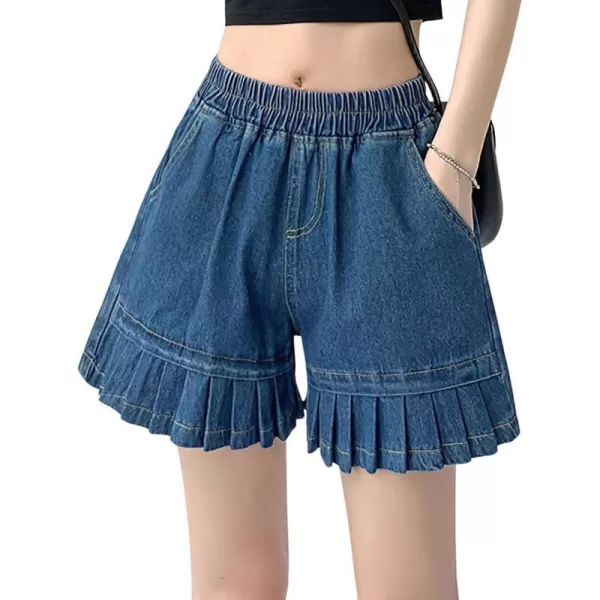 chouyatou Womens Pleated Hem Jean Shorts High Elastic Waisted Flare Wide Leg Denim Shorts with PocketsDark Blue