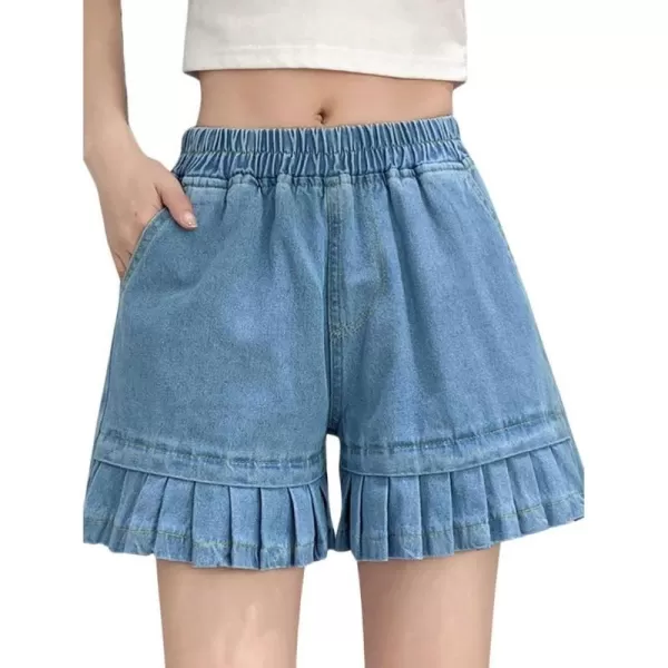 chouyatou Womens Pleated Hem Jean Shorts High Elastic Waisted Flare Wide Leg Denim Shorts with PocketsLight Blue