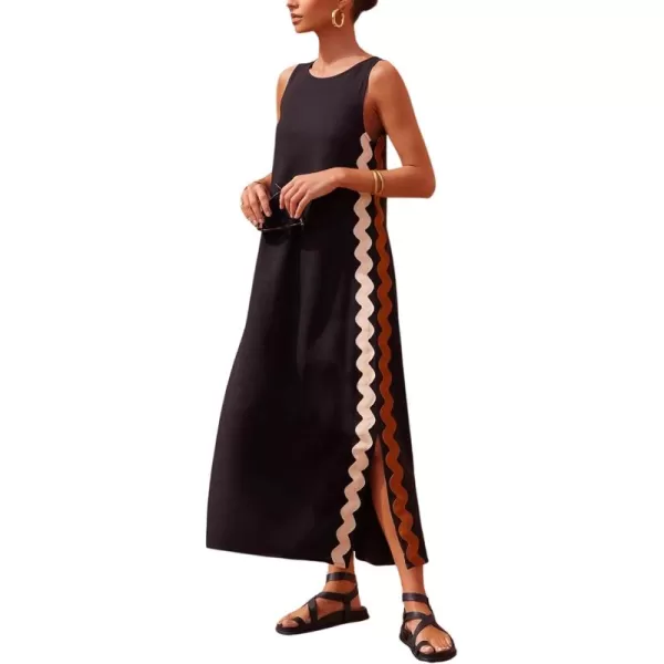 chouyatou Womens Summer Boho Casual Sleeveless Beach Dress Long Side Slit RIC Rac Maxi SundressBlack