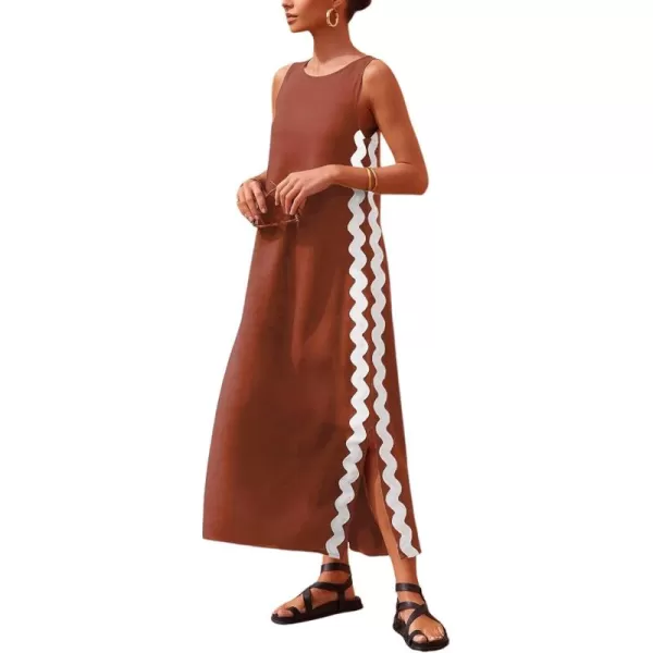 chouyatou Womens Summer Boho Casual Sleeveless Beach Dress Long Side Slit RIC Rac Maxi SundressBrown