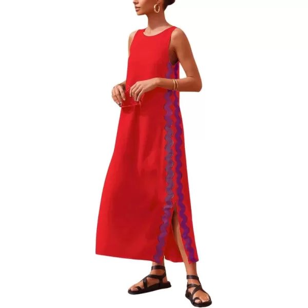 chouyatou Womens Summer Boho Casual Sleeveless Beach Dress Long Side Slit RIC Rac Maxi SundressRed