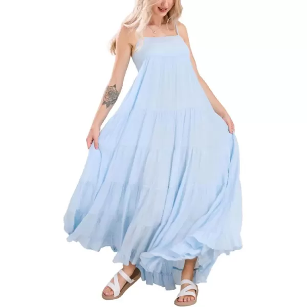 chouyatou Womens Summer Boho Flowy Spaghetti Strap Maxi Dress Smocked Back Casual Swing Beach SundressLight Blue