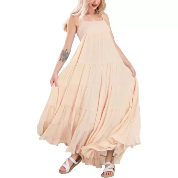 chouyatou Womens Summer Boho Flowy Spaghetti Strap Maxi Dress Smocked Back Casual Swing Beach SundressPinkish Apricot