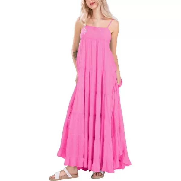 chouyatou Womens Summer Boho Flowy Spaghetti Strap Maxi Dress Smocked Back Casual Swing Beach SundressRose Pink
