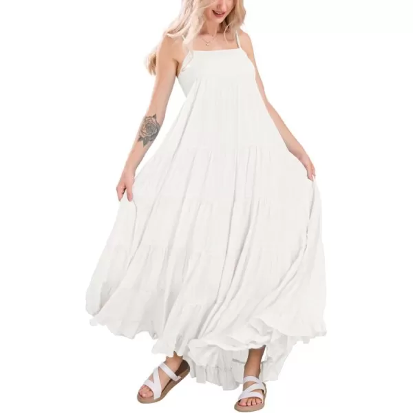chouyatou Womens Summer Boho Flowy Spaghetti Strap Maxi Dress Smocked Back Casual Swing Beach SundressWhite