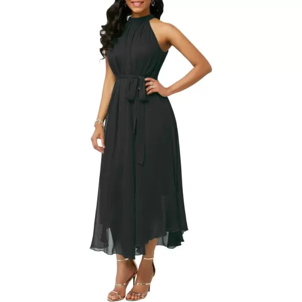 chouyatou Womens Summer Halter Neck Sleeveless Party Beach Maxi Chiffon DressBlack