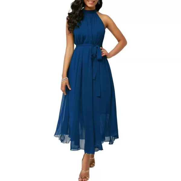 chouyatou Womens Summer Halter Neck Sleeveless Party Beach Maxi Chiffon DressDark Blue