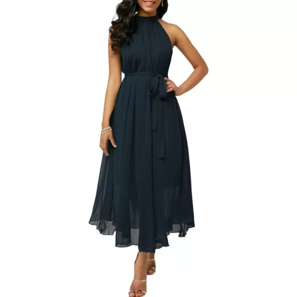 chouyatou Womens Summer Halter Neck Sleeveless Party Beach Maxi Chiffon DressNavy Blue