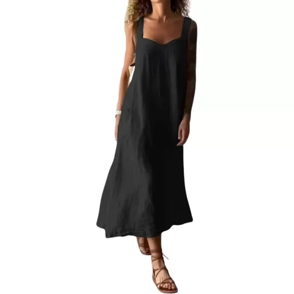 chouyatou Womens Summer Spaghetti Strap Sleeveless Linen Overall Dress Casual ALine Midi Long Beach DressBlack