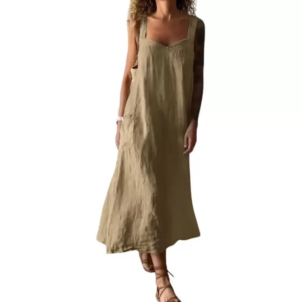 chouyatou Womens Summer Spaghetti Strap Sleeveless Linen Overall Dress Casual ALine Midi Long Beach DressKhaki