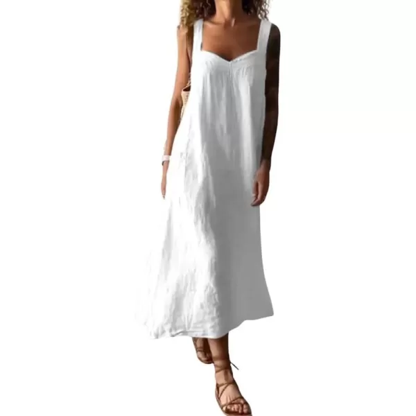 chouyatou Womens Summer Spaghetti Strap Sleeveless Linen Overall Dress Casual ALine Midi Long Beach DressWhite