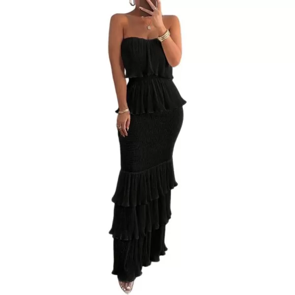 chouyatou Womens Sweet Ruffle Smocked Bodycon Maxi Dress Shirred Package Hip Mermaid Bandeau DressBlack