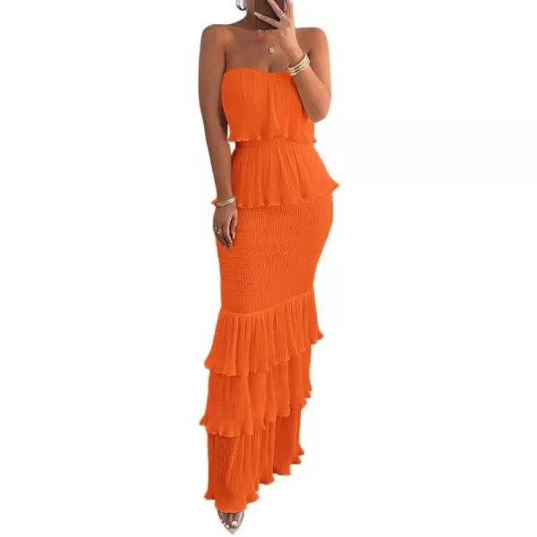 chouyatou Womens Sweet Ruffle Smocked Bodycon Maxi Dress Shirred Package Hip Mermaid Bandeau DressOrange