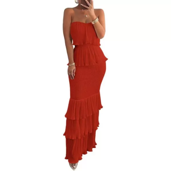 chouyatou Womens Sweet Ruffle Smocked Bodycon Maxi Dress Shirred Package Hip Mermaid Bandeau DressRed