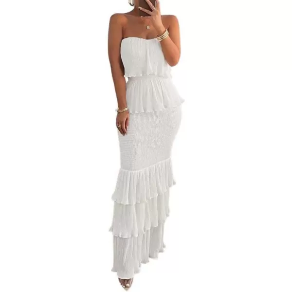 chouyatou Womens Sweet Ruffle Smocked Bodycon Maxi Dress Shirred Package Hip Mermaid Bandeau DressWhite