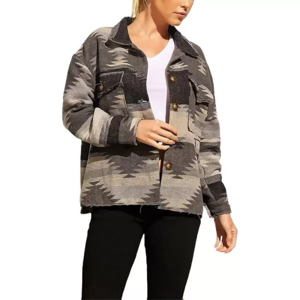 chouyatou Womens Tribal Aztec Pattern Button Down Trucker Shirt Jacket Shacket CoatBlack