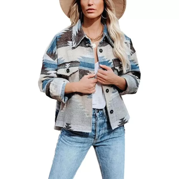 chouyatou Womens Tribal Aztec Pattern Button Down Trucker Shirt Jacket Shacket CoatBlue