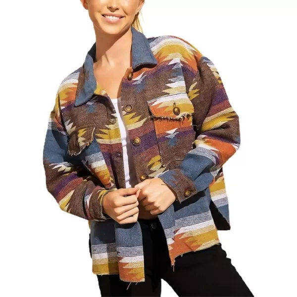 chouyatou Womens Tribal Aztec Pattern Button Down Trucker Shirt Jacket Shacket CoatCoffee