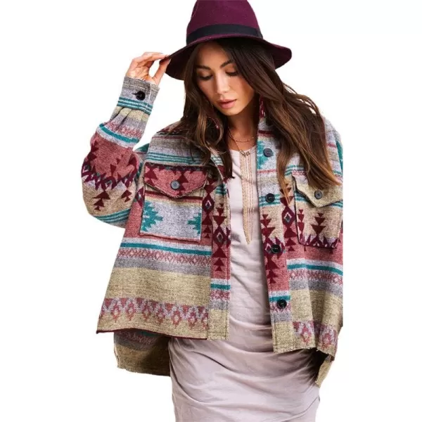 chouyatou Womens Tribal Aztec Pattern Button Down Trucker Shirt Jacket Shacket CoatGreen